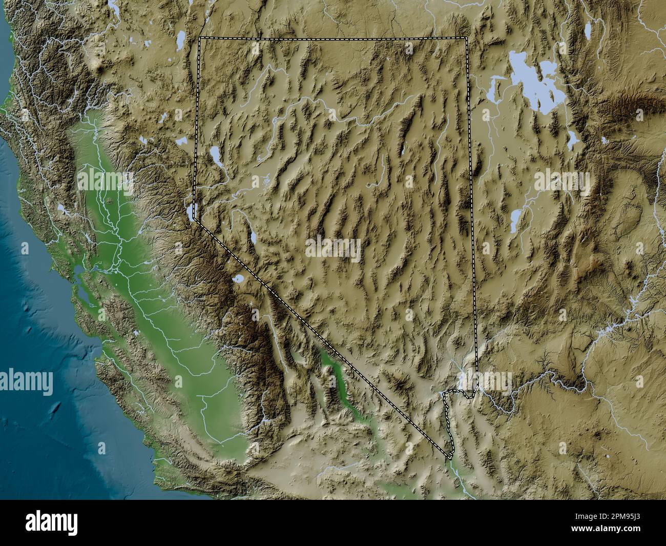 Nevada, Bundesstaat der Vereinigten Staaten von Amerika. Höhenkarte im Wiki-Stil mit Seen und Flüssen Stockfoto