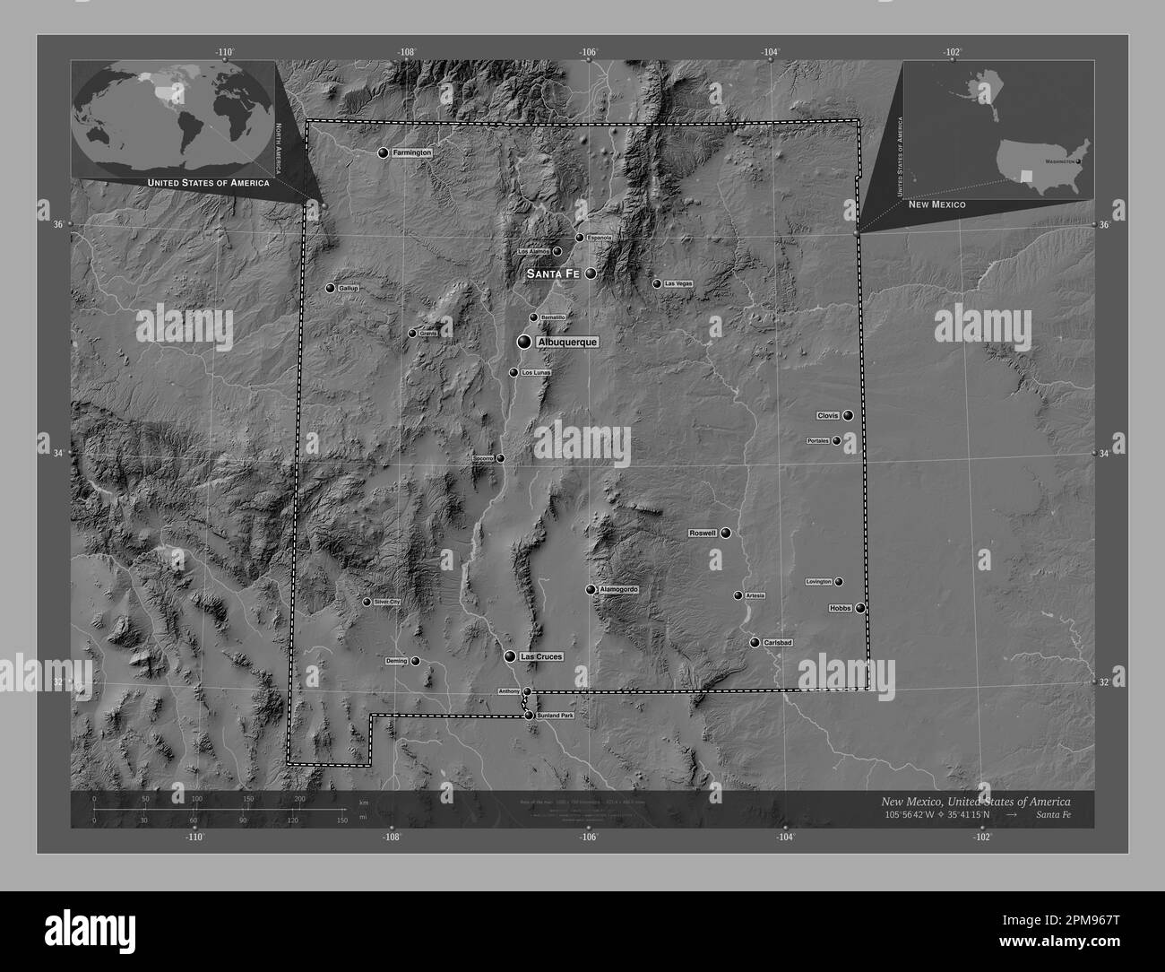New Mexico, Bundesstaat der Vereinigten Staaten von Amerika. Bilevel-Höhenkarte mit Seen und Flüssen. Standorte und Namen der wichtigsten Städte der Region. Ecke Stockfoto