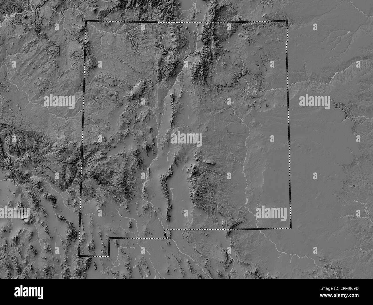 New Mexico, Bundesstaat der Vereinigten Staaten von Amerika. Bilevel-Höhenkarte mit Seen und Flüssen Stockfoto