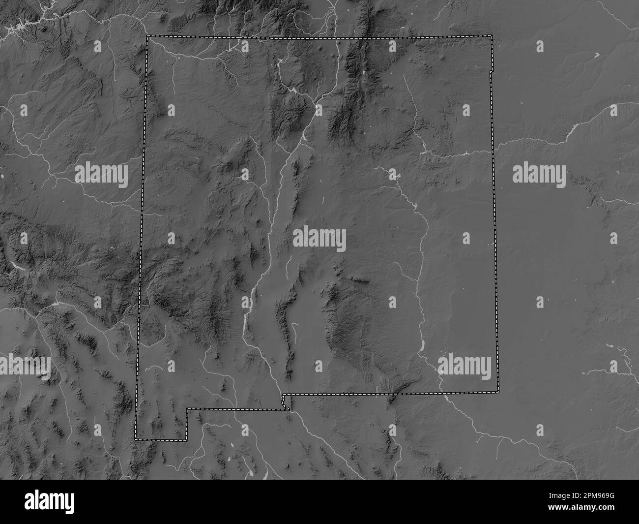 New Mexico, Bundesstaat der Vereinigten Staaten von Amerika. Grauskala-Höhenkarte mit Seen und Flüssen Stockfoto