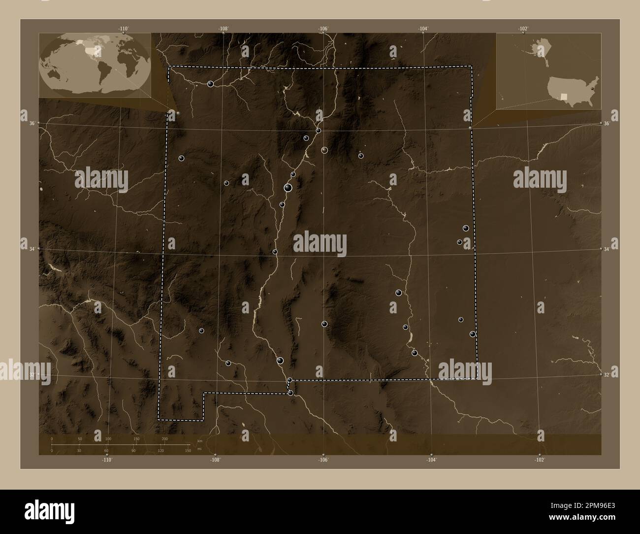 New Mexico, Bundesstaat der Vereinigten Staaten von Amerika. Höhenplan in Sepia-Tönen mit Seen und Flüssen. Standorte der wichtigsten Städte der Region. Co Stockfoto