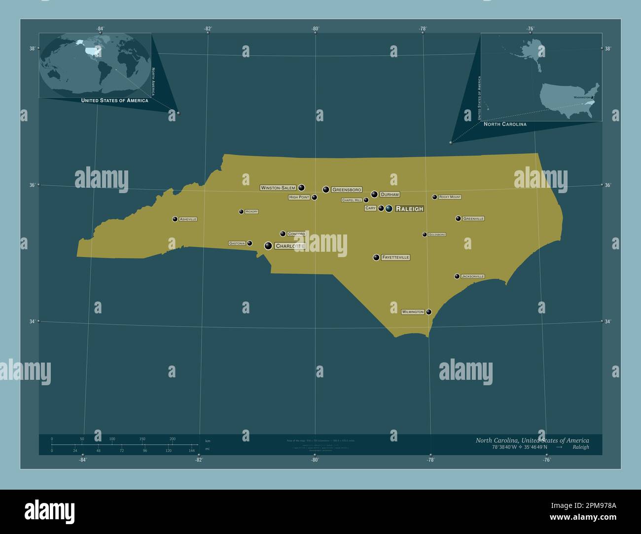 North Carolina, Bundesstaat der Vereinigten Staaten von Amerika. Durchgehende Farbform. Standorte und Namen der wichtigsten Städte der Region. Lageplan für Corner Auxiliary Stockfoto