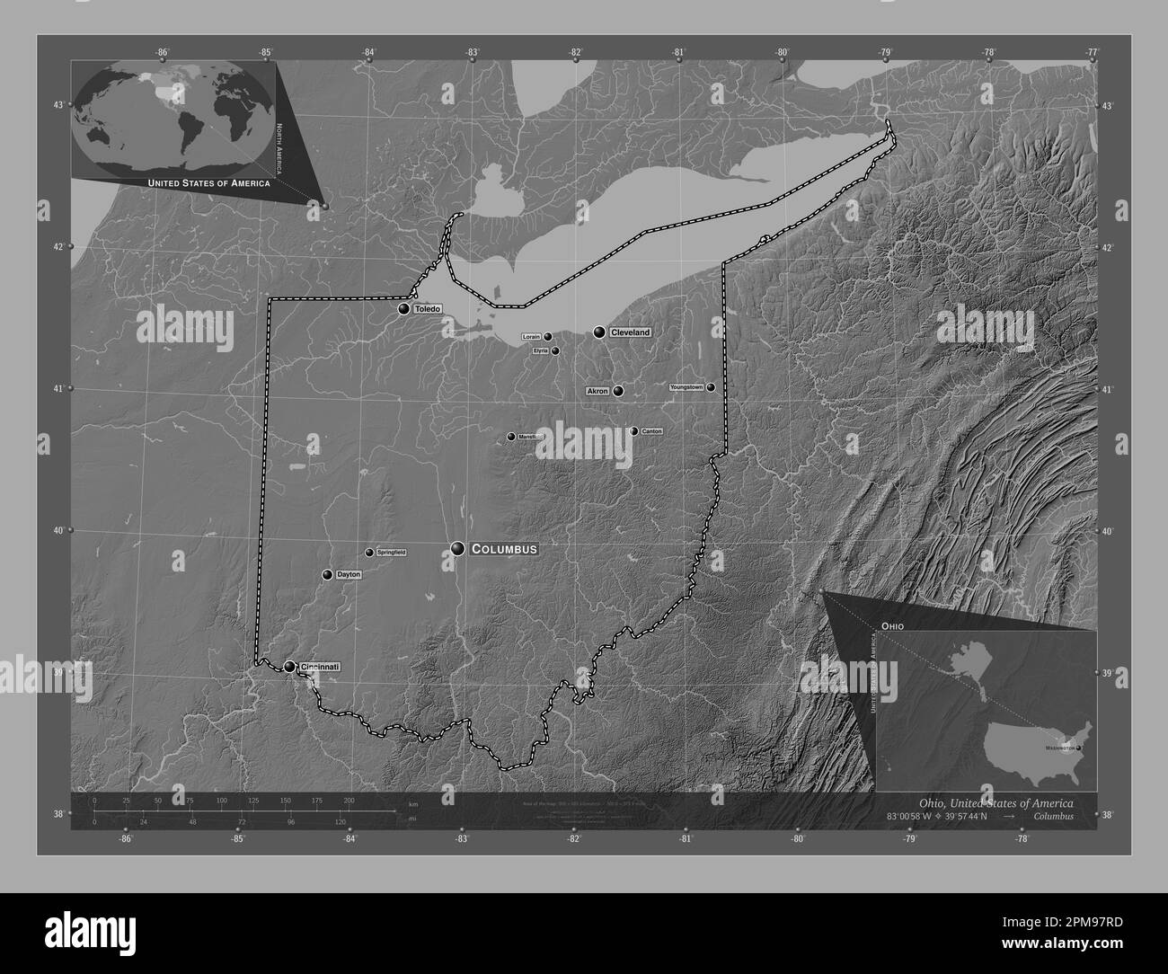 Ohio, Bundesstaat der Vereinigten Staaten von Amerika. Bilevel-Höhenkarte mit Seen und Flüssen. Standorte und Namen der wichtigsten Städte der Region. Ecke autokorr Stockfoto