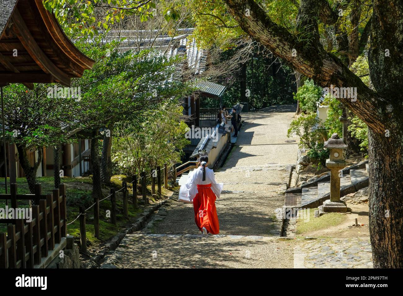 Nara, Japan - 22. März 2023: Eine Frau im Kimono im Kasuga Taisha-Schrein im Osten des Nara-Parks in Nara, Japan. Stockfoto