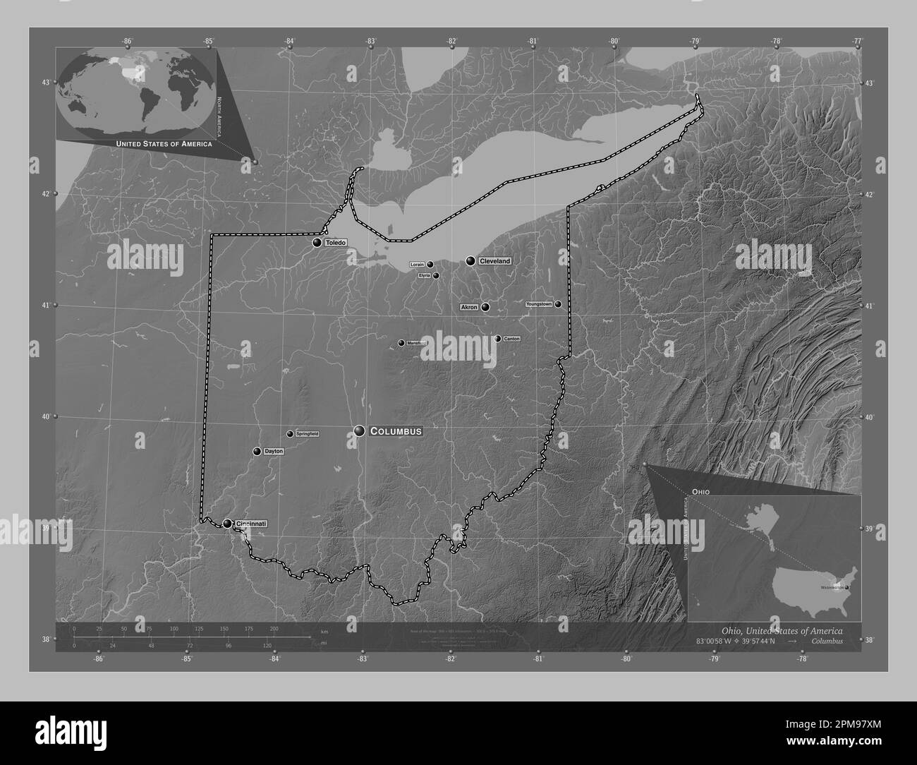 Ohio, Bundesstaat der Vereinigten Staaten von Amerika. Grauskala-Höhenkarte mit Seen und Flüssen. Standorte und Namen der wichtigsten Städte der Region. Ecke Auxi Stockfoto