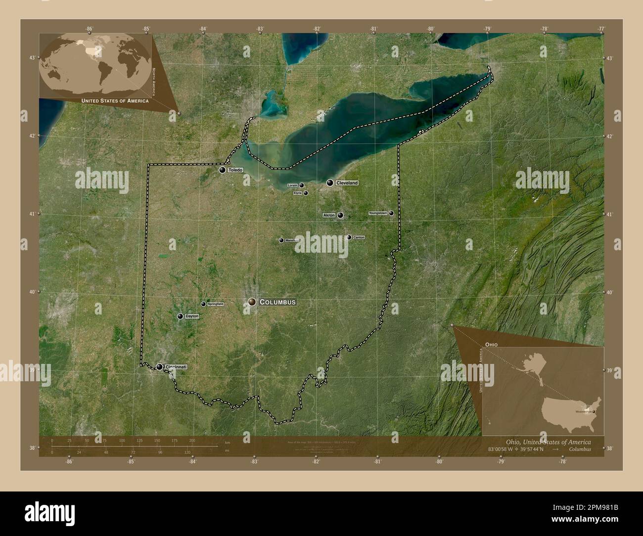 Ohio, Bundesstaat der Vereinigten Staaten von Amerika. Satellitenkarte mit niedriger Auflösung. Standorte und Namen der wichtigsten Städte der Region. Lage der Zusatzgeräte an der Ecke ma Stockfoto