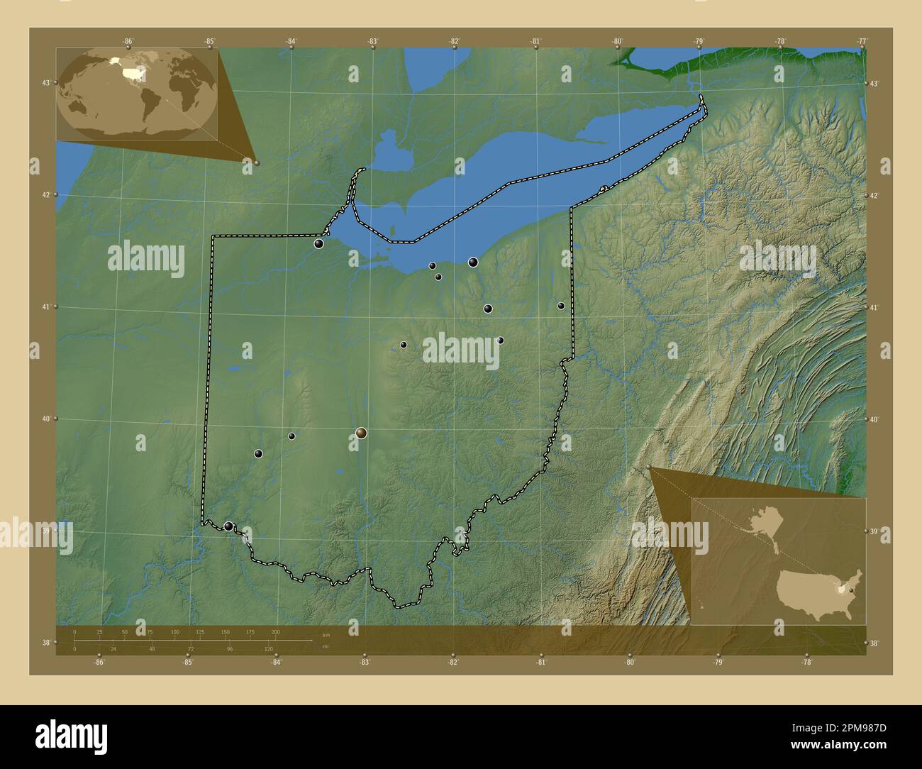 Ohio, Bundesstaat der Vereinigten Staaten von Amerika. Farbige Höhenkarte mit Seen und Flüssen. Standorte der wichtigsten Städte der Region. Zusätzliche Eckpunkte Stockfoto