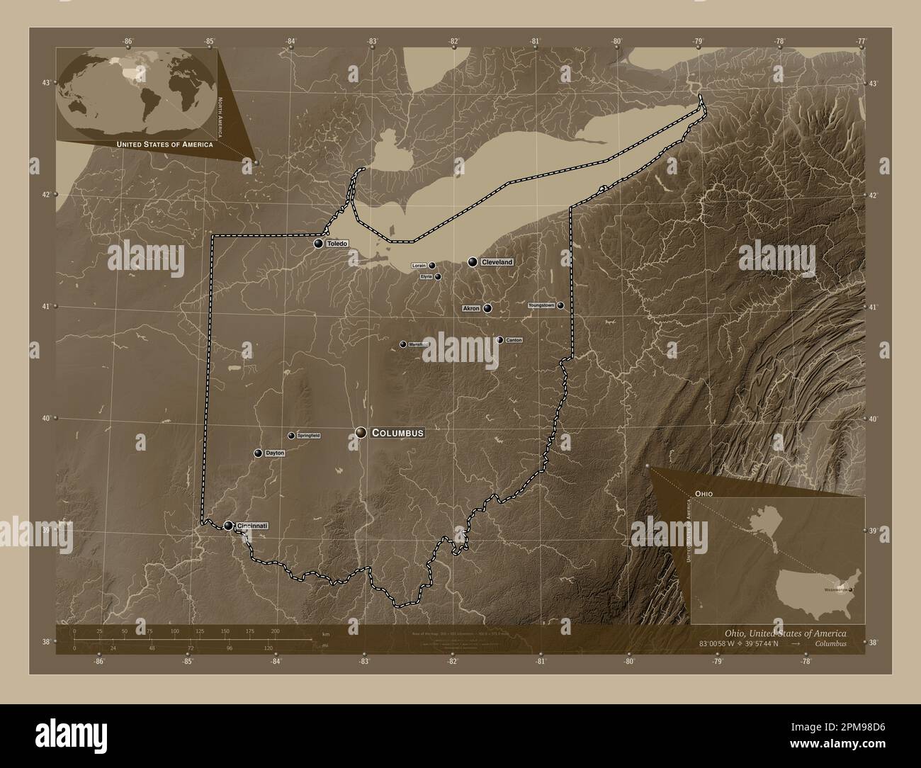 Ohio, Bundesstaat der Vereinigten Staaten von Amerika. Höhenplan in Sepia-Tönen mit Seen und Flüssen. Standorte und Namen der wichtigsten Städte der Region Stockfoto