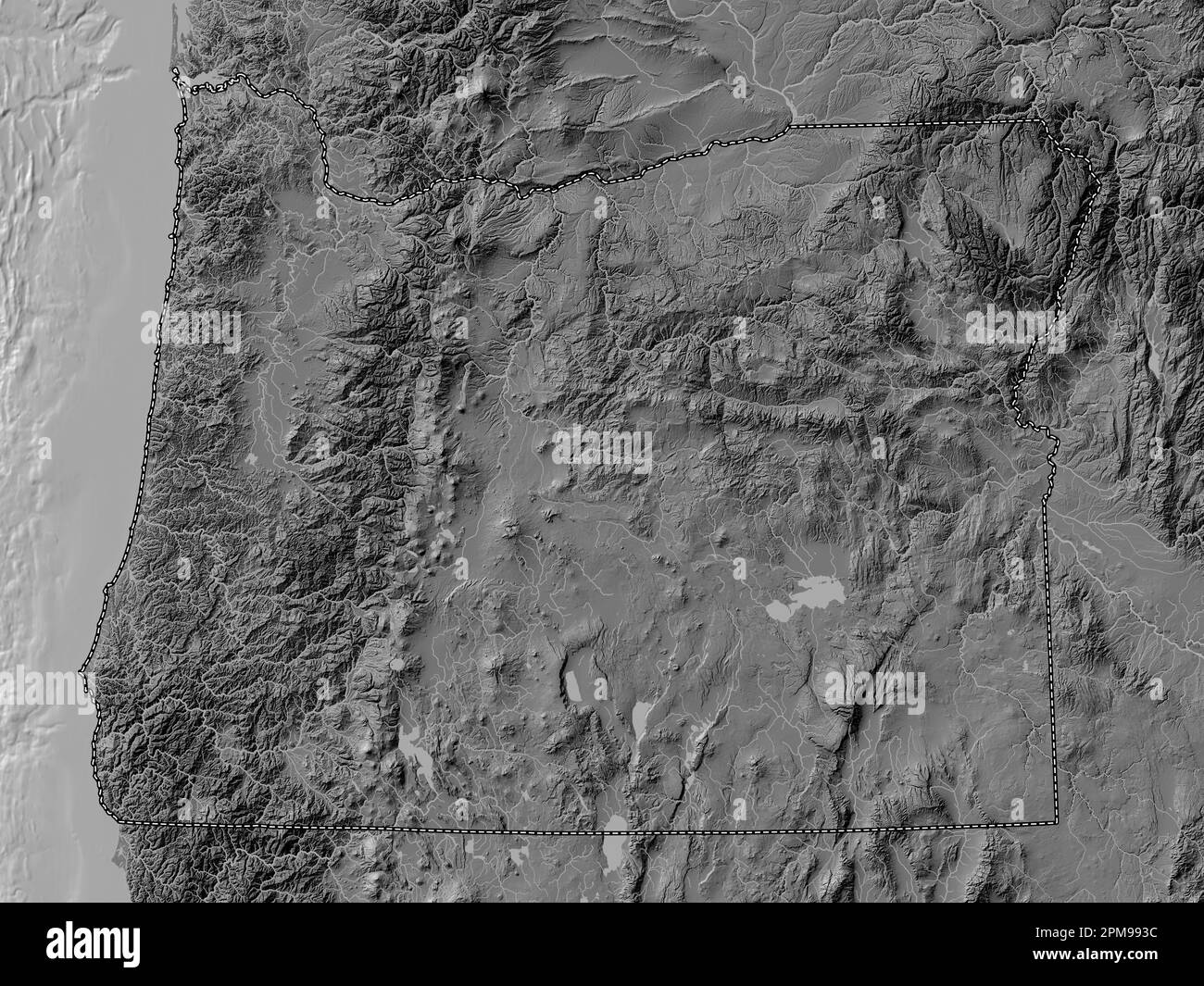Oregon, Bundesstaat der Vereinigten Staaten von Amerika. Bilevel-Höhenkarte mit Seen und Flüssen Stockfoto