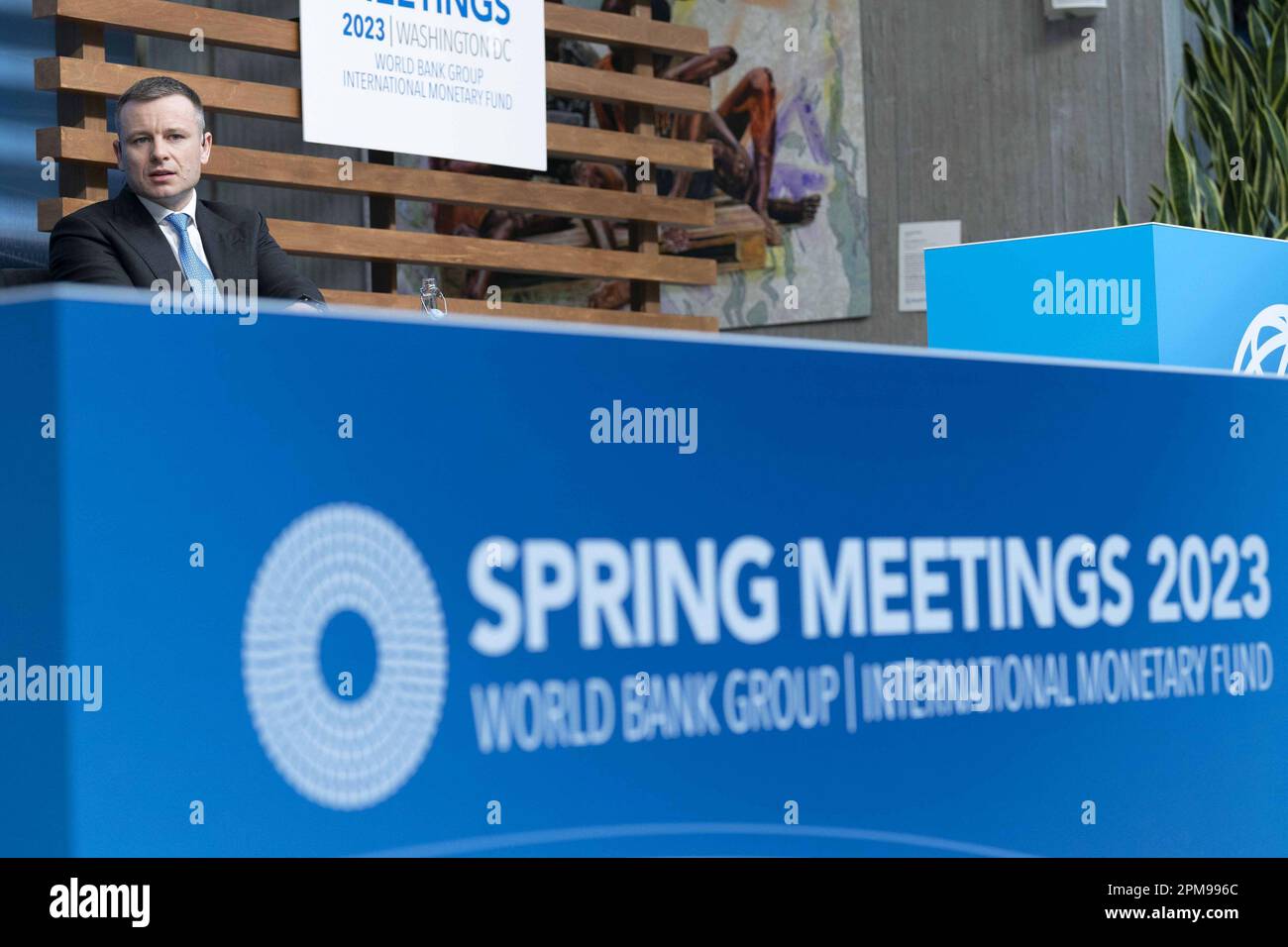 Finanzminister der Ukraine Sergii Marchenko spricht am Mittwoch, den 12. April 2023, während einer Podiumsdiskussion zum Thema "effektive Regierungsführung in schwierigen Zeiten" auf den Frühjahrstreffen des Internationalen Währungsfonds am Sitz der Weltbank in Washington. Foto: Bonnie Cash/UPI Stockfoto