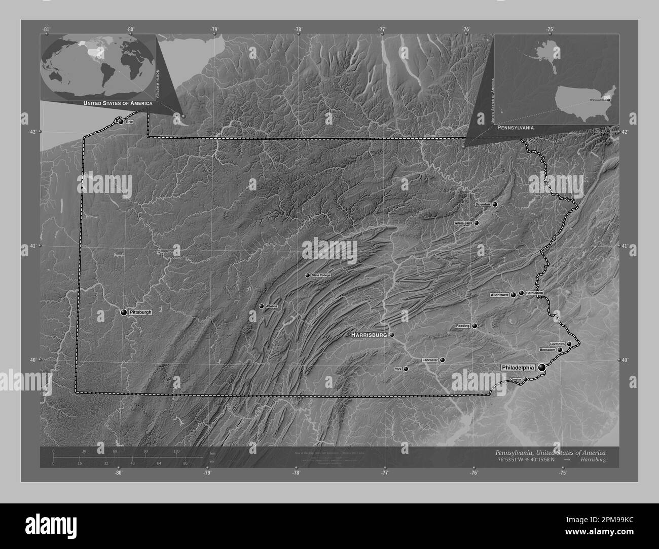 Pennsylvania, Bundesstaat der Vereinigten Staaten von Amerika. Grauskala-Höhenkarte mit Seen und Flüssen. Standorte und Namen der wichtigsten Städte der Region. Korr Stockfoto