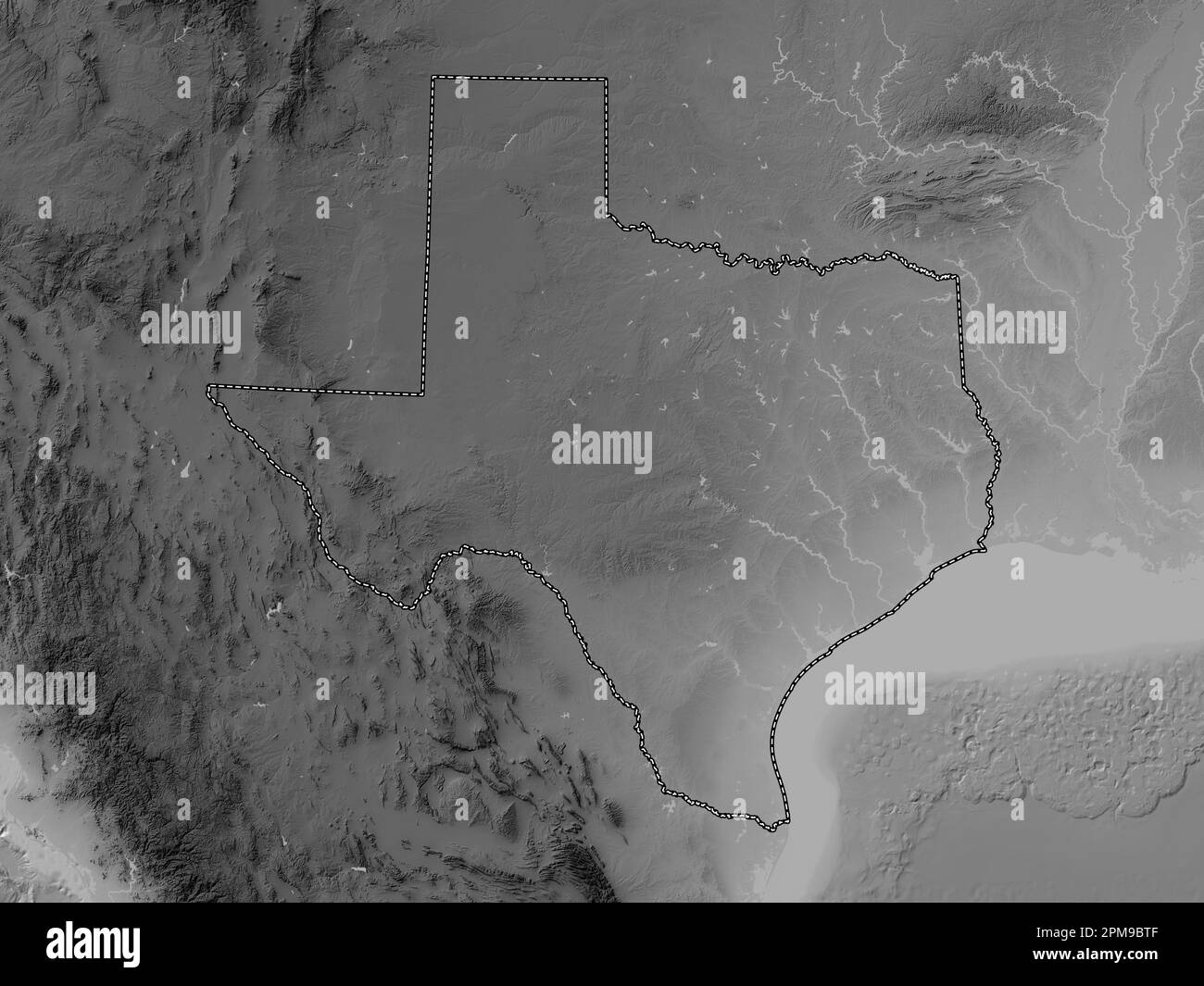 Texas, Bundesstaat der Vereinigten Staaten von Amerika. Grauskala-Höhenkarte mit Seen und Flüssen Stockfoto