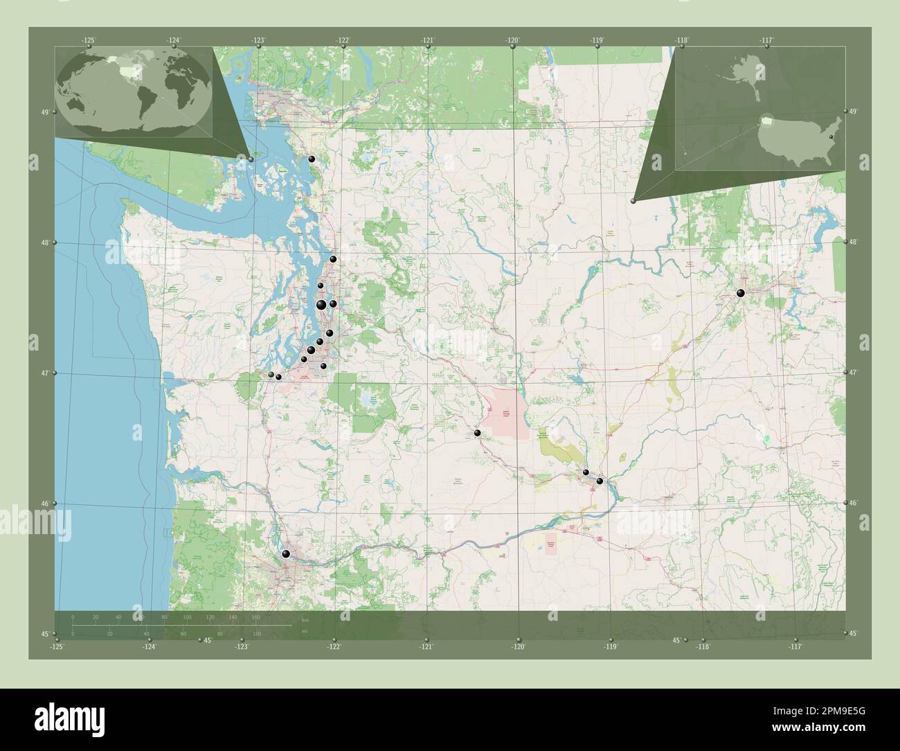 Washington, Bundesstaat der Vereinigten Staaten von Amerika. Straßenkarte Öffnen. Standorte der wichtigsten Städte der Region. Eckkarten für zusätzliche Standorte Stockfoto