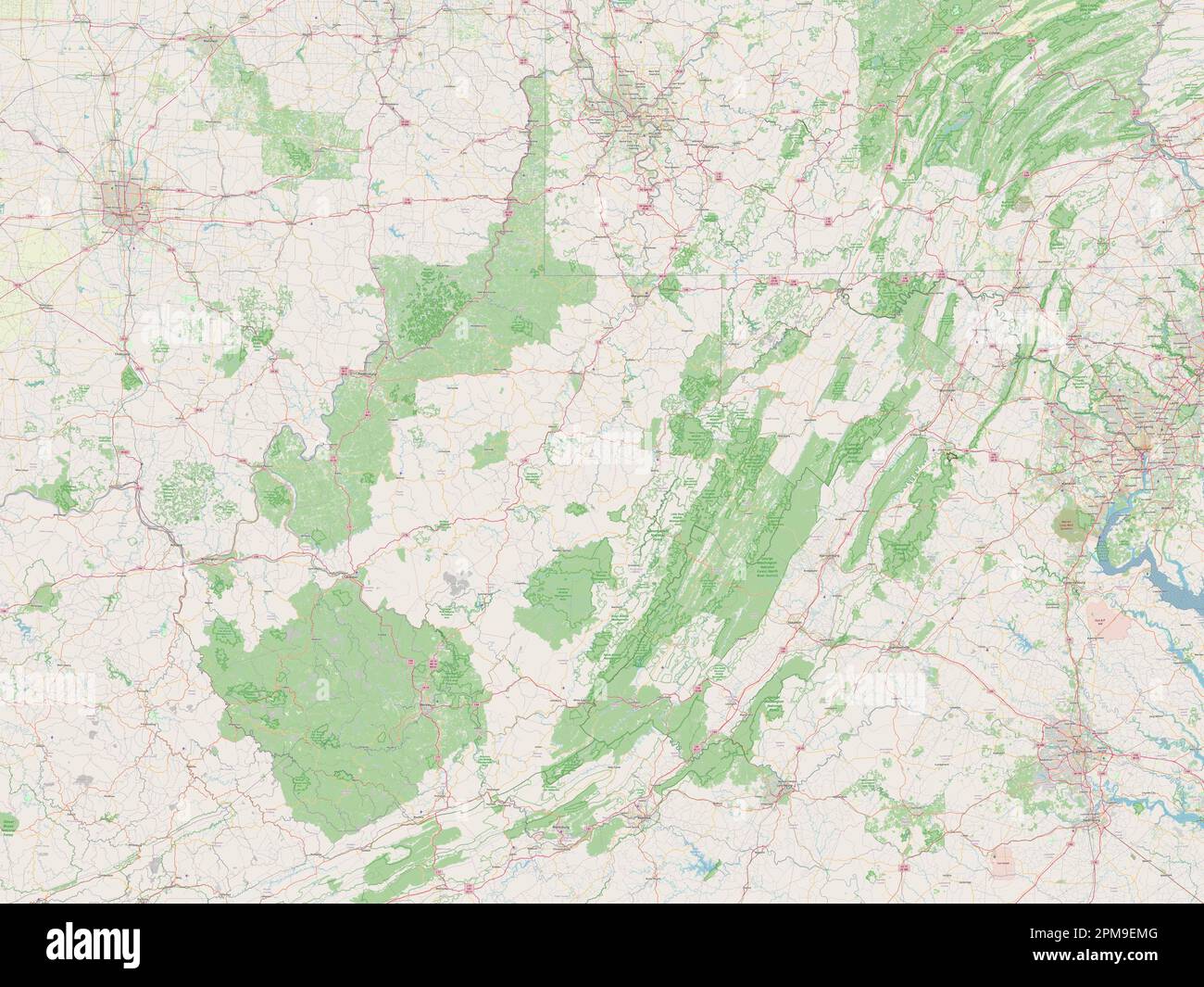 West Virginia, Bundesstaat der Vereinigten Staaten von Amerika. Straßenkarte Öffnen Stockfoto