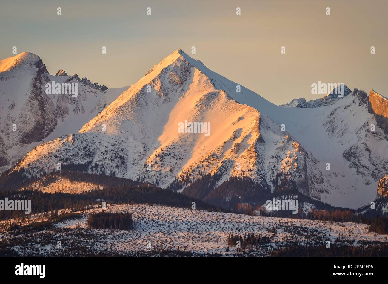Bezauberndes Panorama der polnischen Tatra am Morgen. Blick auf die Belianske Tatras vom Dorf Lapszanka, Polen. Stockfoto