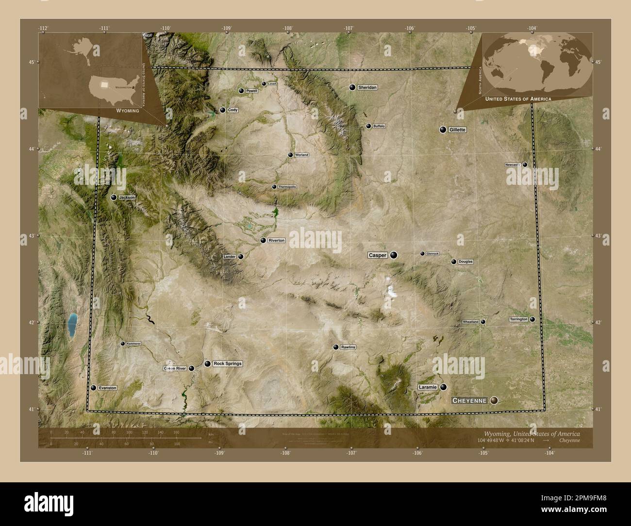 Wyoming, Bundesstaat der Vereinigten Staaten von Amerika. Satellitenkarte mit niedriger Auflösung. Standorte und Namen der wichtigsten Städte der Region. Lage der Zusatzgeräte an der Ecke Stockfoto