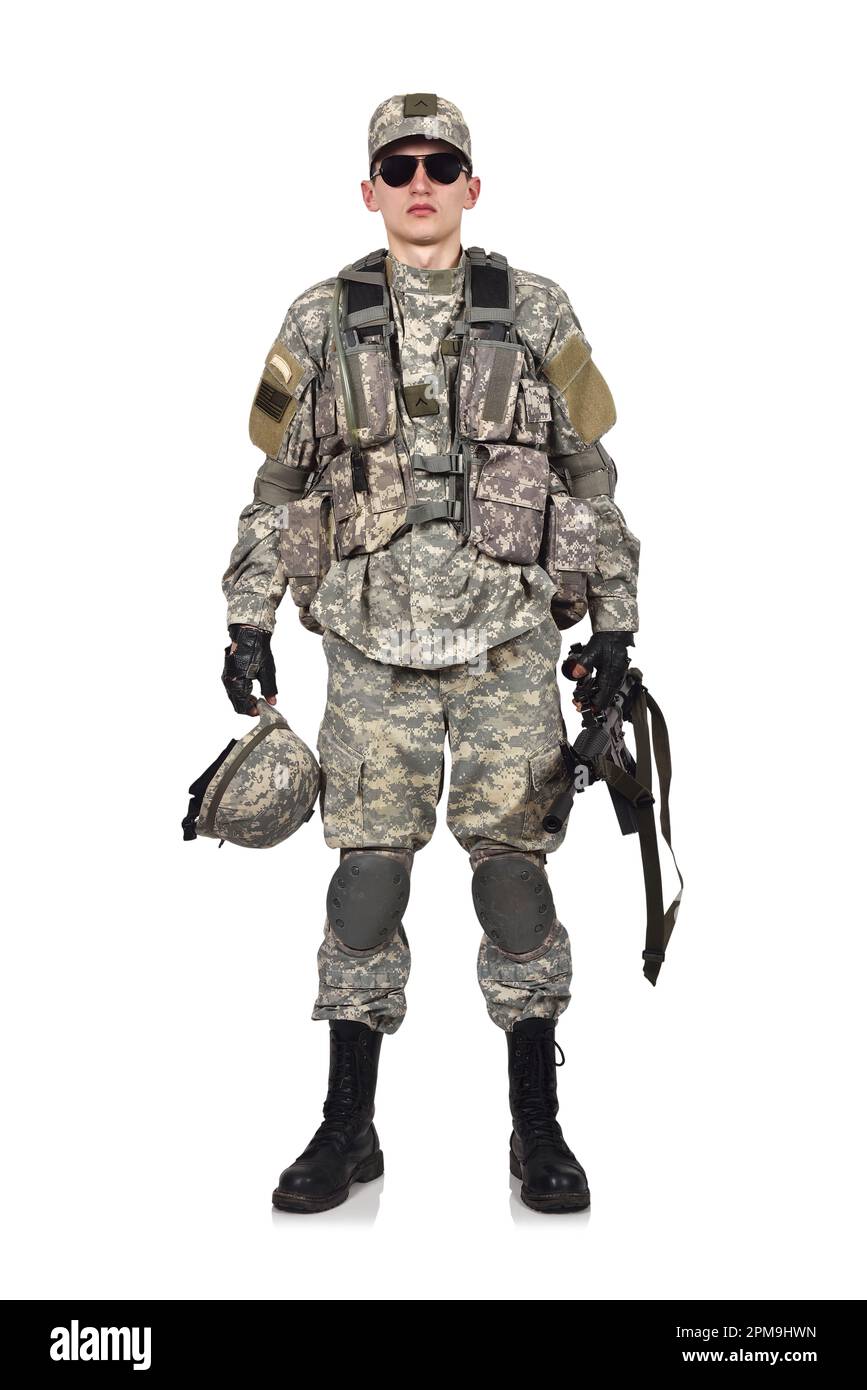 US-Soldat mit Gewehr und Helm in der hand Stockfoto