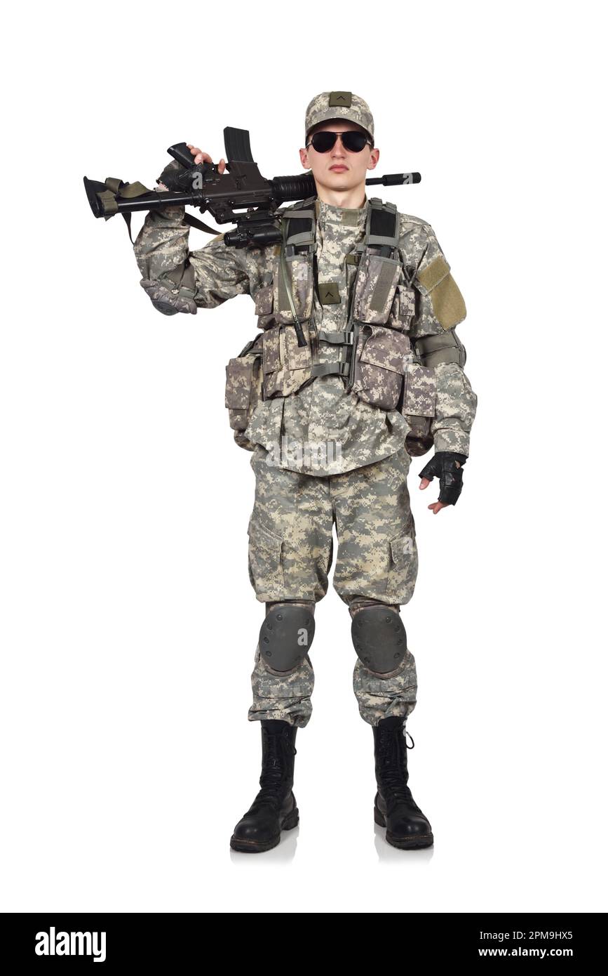 US-Soldat mit Gewehr isoliert auf weiß Stockfoto
