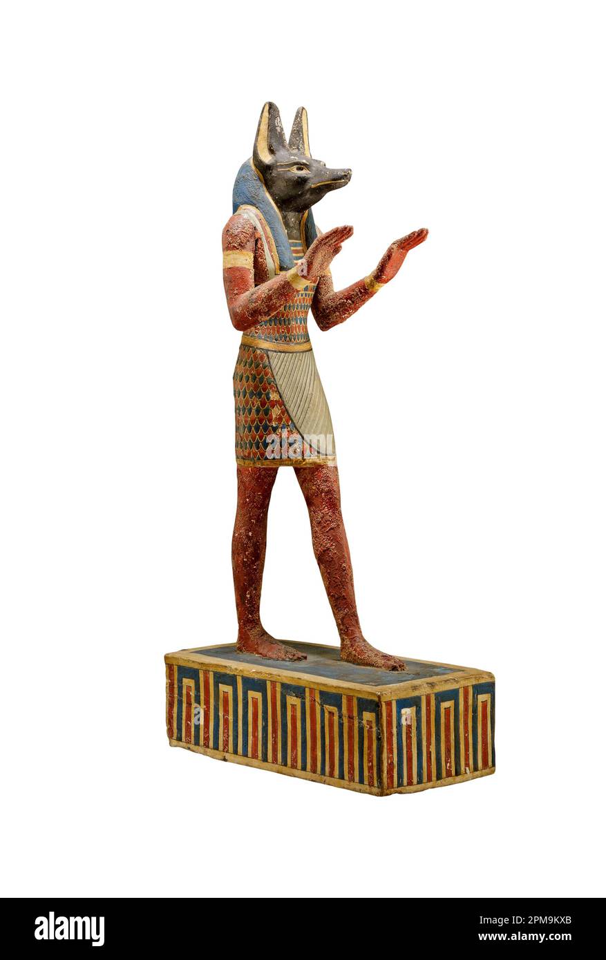 Alte ägyptische Statuette gottes Anubis, isoliert auf weißem Hintergrund. Anubis ist der gott der Bestattungsriten, Beschützer der Gräber und Führer der Ununde Stockfoto