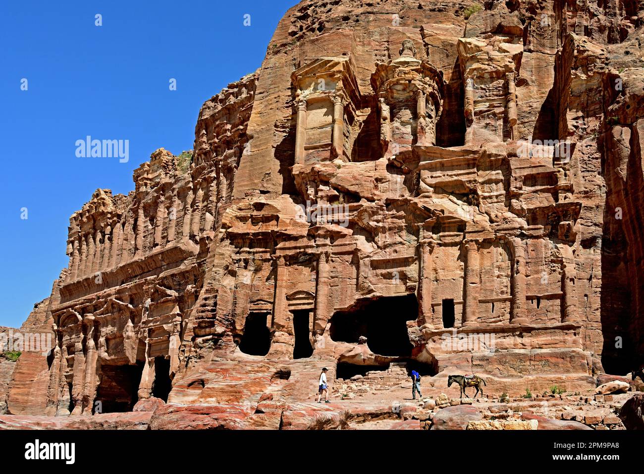 Monumentale in den Fels gehauene Fassaden des Palastgrabes, des Korinthergrabes und des Seidentombs, die massiven Sandsteinklippen des Königsgraberkamms in Petra, Jordanien, geschlagen. Stockfoto
