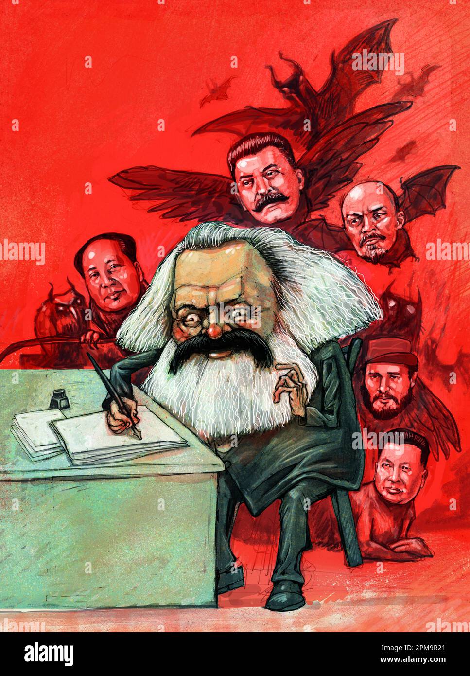 Kunst des Philosophen, Karl Marx schreibt kommunistisches Manifest. Dahinter jene, die von seiner Arbeit beeinflusst werden würden: Mao, Stalin, Lenin, Castro, Kim Jong-il Stockfoto