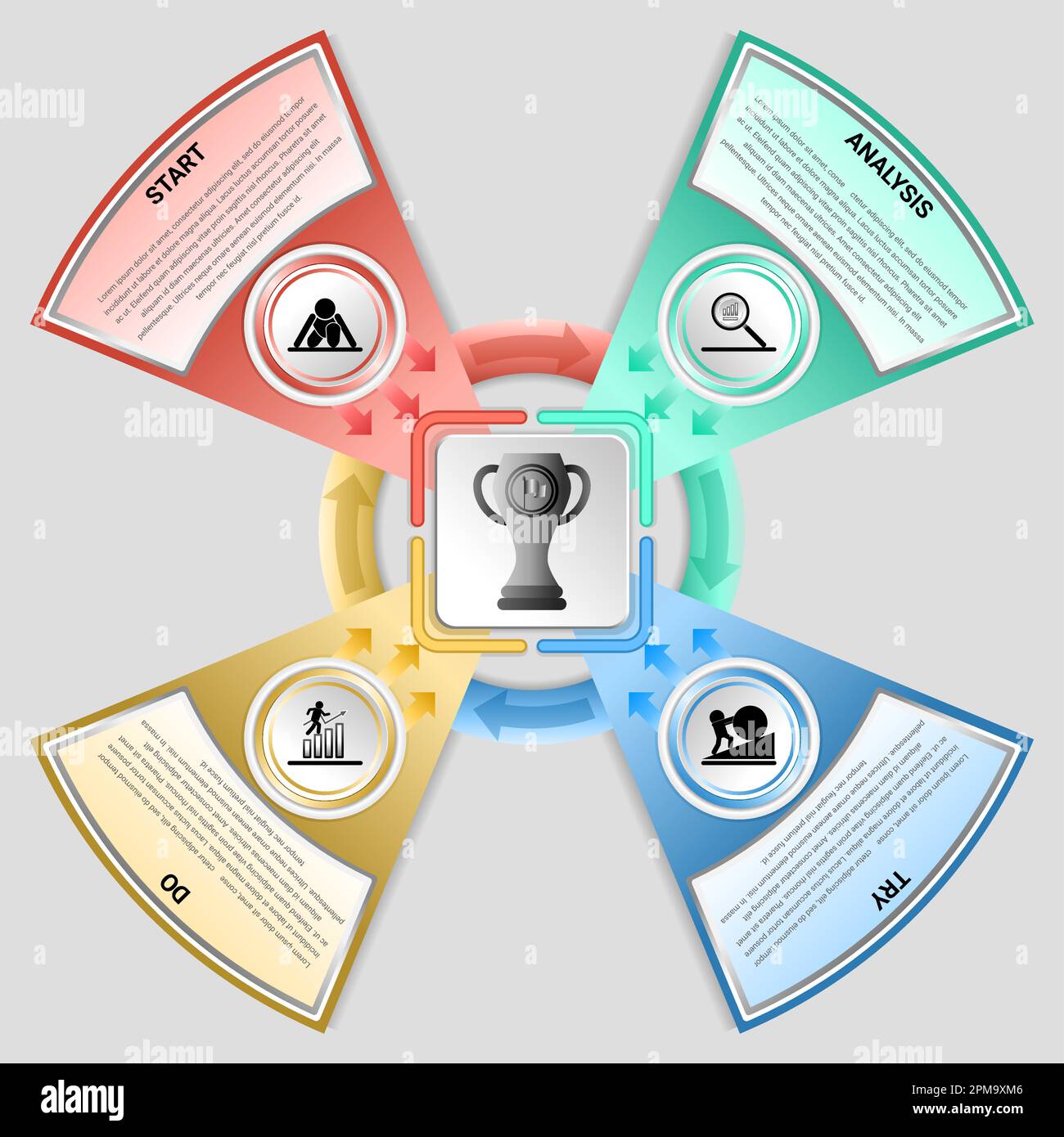 Vier Prozesse und Elemente sind erforderlich, damit die Infografik im Unternehmen erfolgreich sein kann. Infografiken Zeitleiste Designvorlage. Stock Vektor