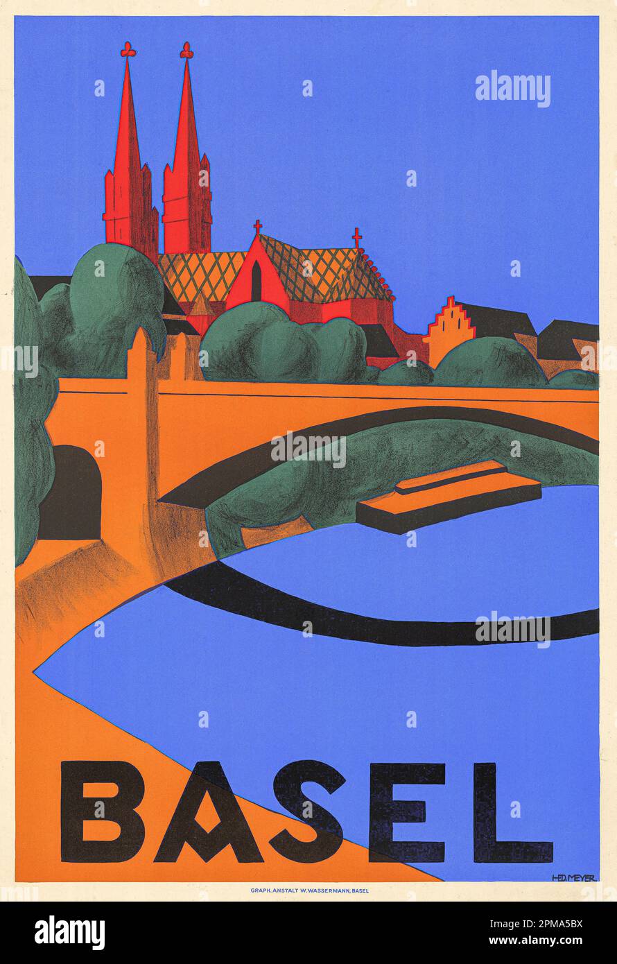 BASEL SWISS Vintage 1920er Reiseposter BASEL Schweiz Datum 1927 Lithograf Künstler Hedwig Thoma 1886-1948 Stockfoto