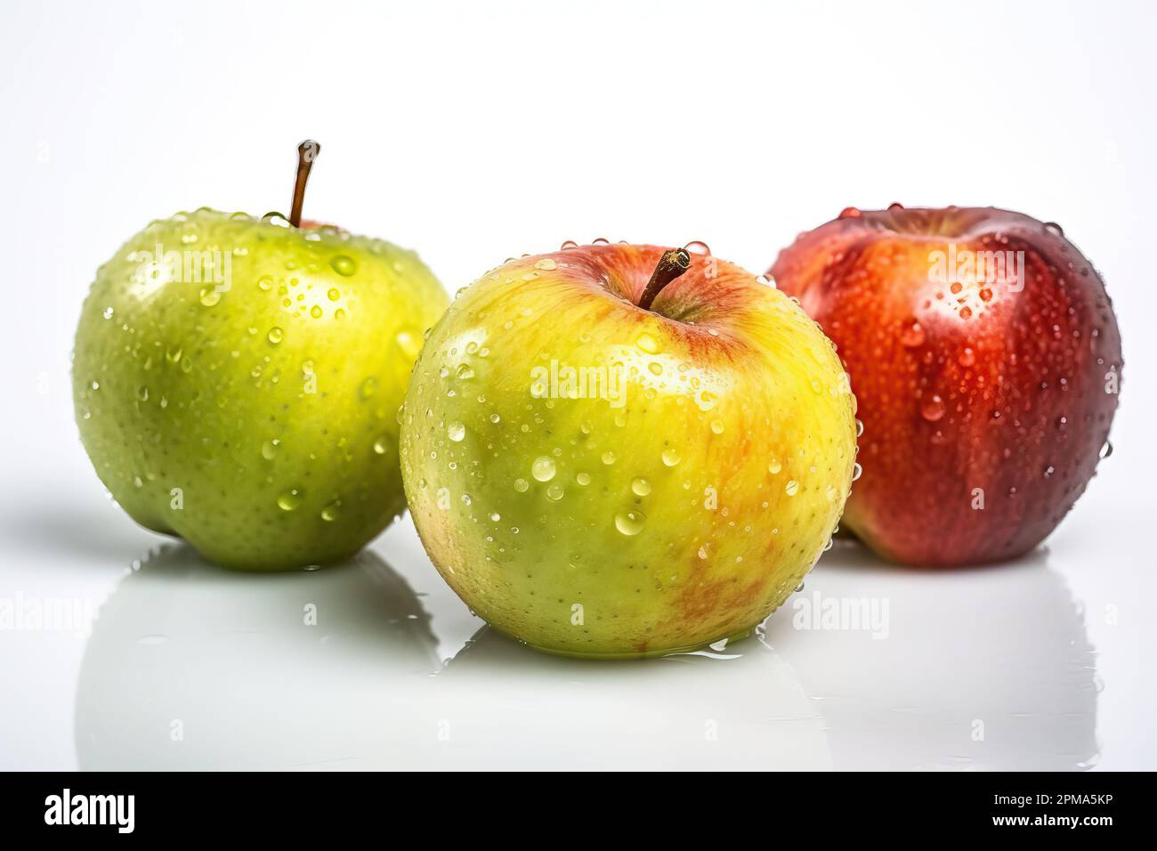 Zwei gelb-grüne und ein roter Äpfel auf weißem Hintergrund mit Wassertropfen Stockfoto