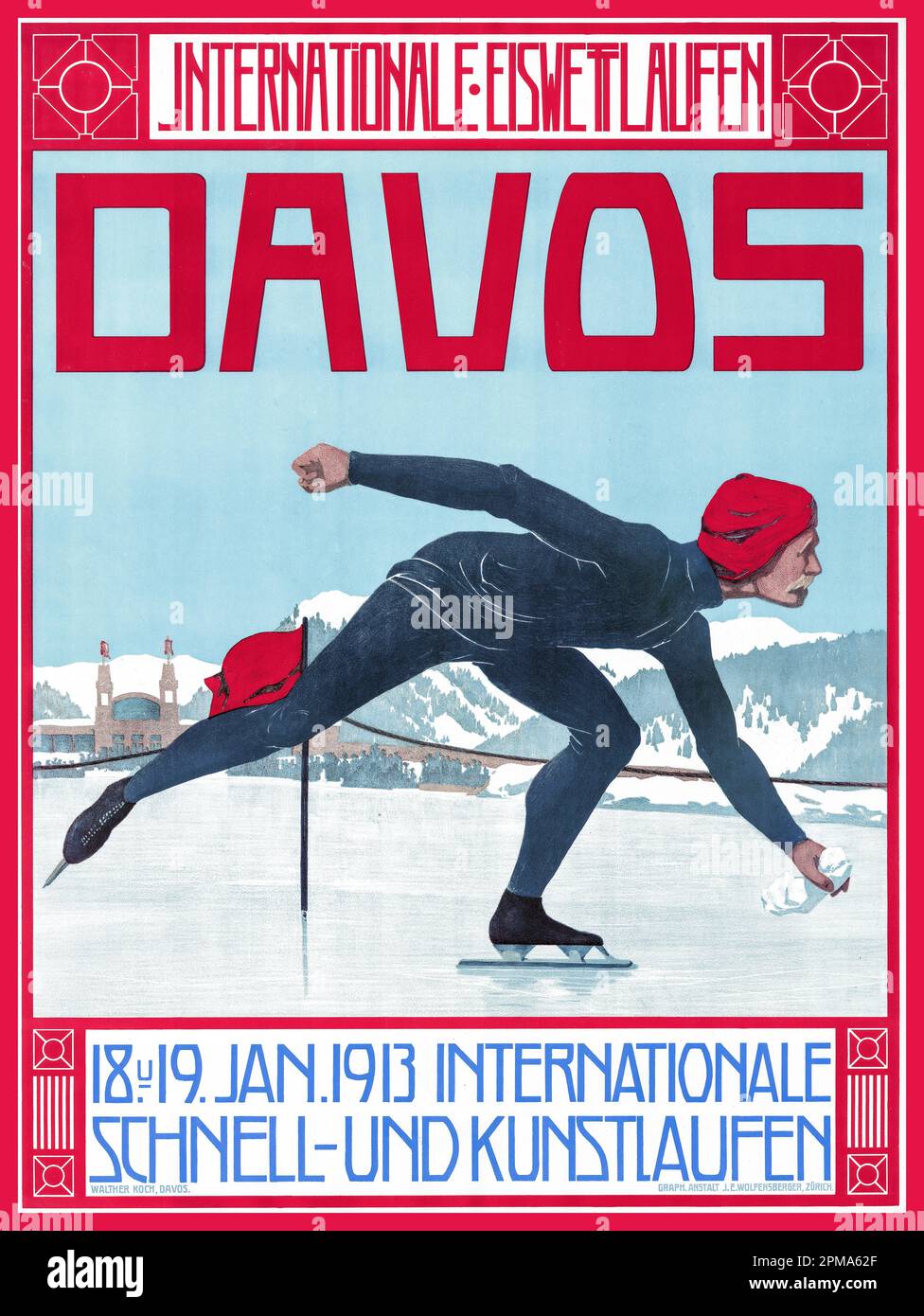 DAVOS Vintage 1900er Wintersport Poster Lithograph Davos - International Iceb Skating, 18. Und 19. Januar 1913 Internationaler Speed- und Eiskunstlauf Künstler Walther Koch (1875-1915) Davos Schweiz Stockfoto