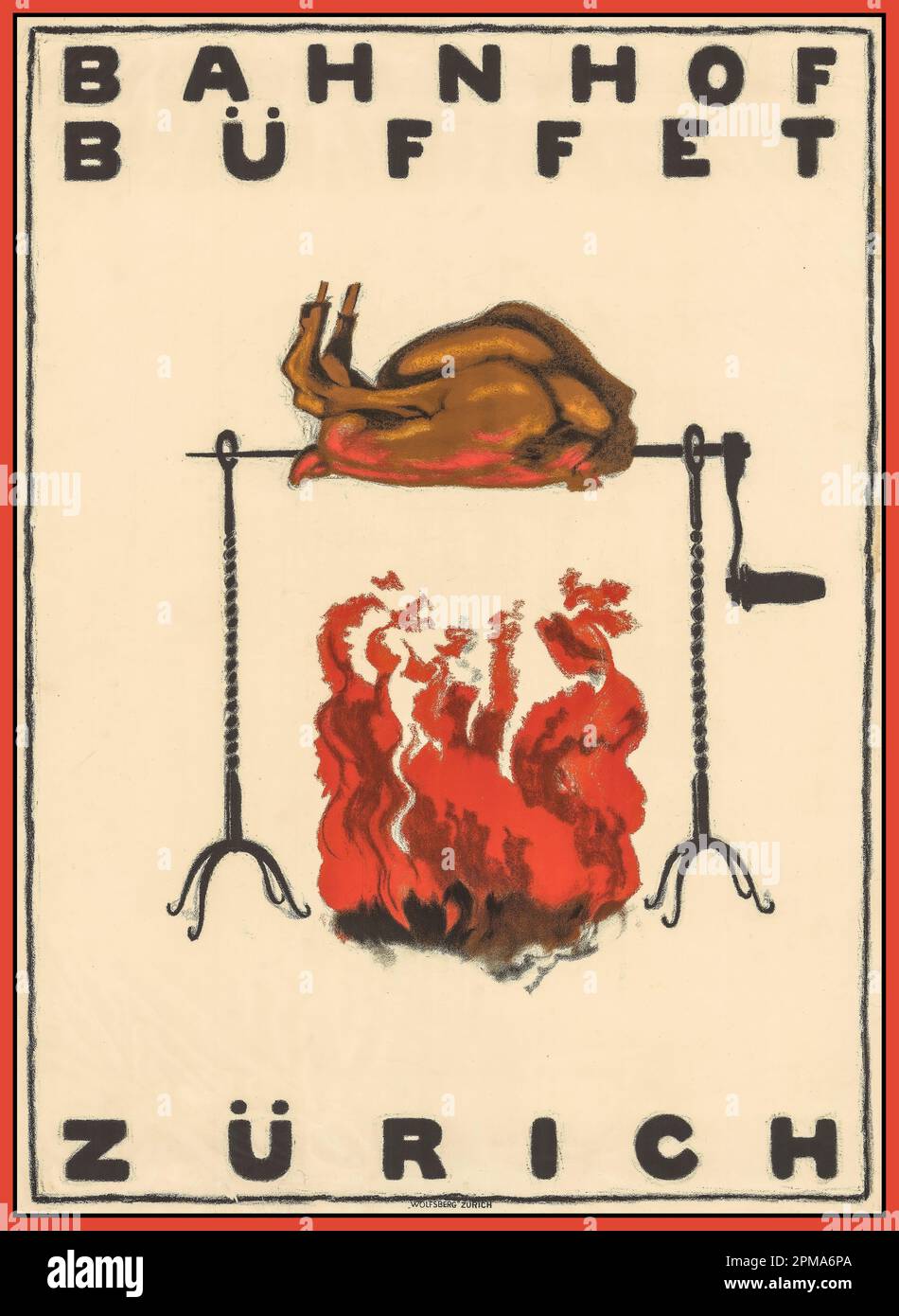 Bahnhof im Vintage 1920 Buffet Essen Poster Lithograph Bahnhof Zürich Buffet mit einem Huhn auf einem offenen Rotisserie Feuer von Augusto Giacometti (1877-1947) BAHNHOF BUFFET ZÜRICH 1921 Stockfoto