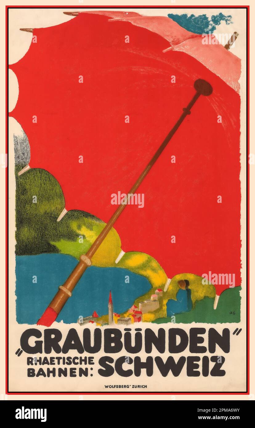 Vintage GRAUBUNDEN 1930er Rail Railway Swiss Poster Lithograph Illustration ''Graubünden‘, Rhaetian Railways: Schweiz mit rotem Regenschirm von Augusto Giacometti (1877–1947) Stockfoto