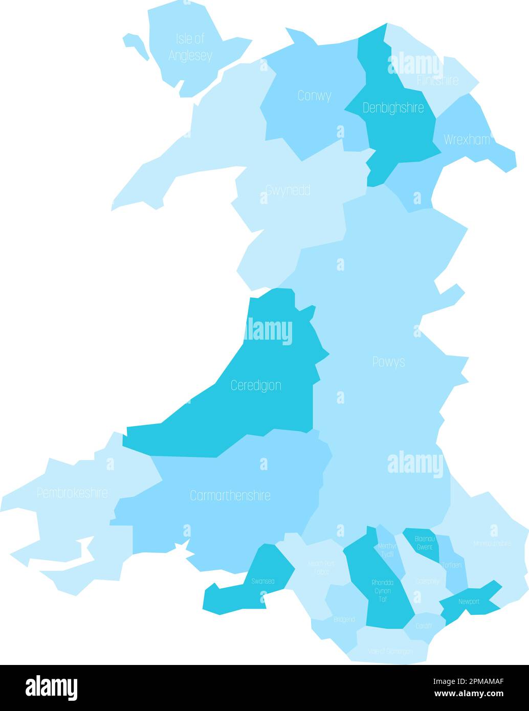 Bezirke und Städte von Wales. Blaue Vektorkarte mit Beschriftungen. Stock Vektor