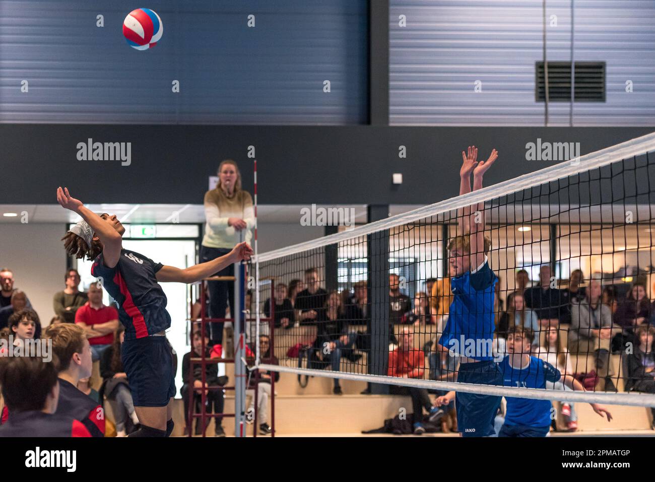 Zoetermeer, Niederlande - 04. April 2016: Volleyballspiel zwischen Zovoc JB1 Zoetermeer und Move - Compaen JB1 Stockfoto