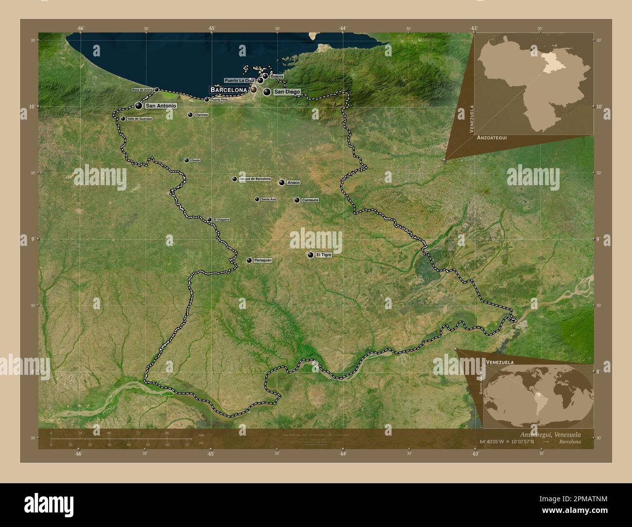 Anzoategui, Staat Venezuela. Satellitenkarte mit niedriger Auflösung. Standorte und Namen der wichtigsten Städte der Region. Eckkarten für zusätzliche Standorte Stockfoto