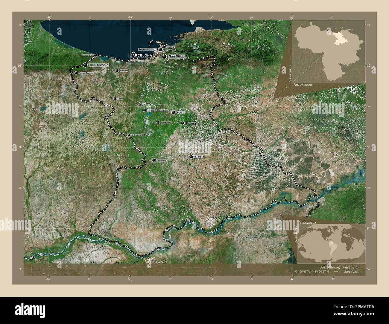 Anzoategui, Staat Venezuela. Hochauflösende Satellitenkarte. Standorte und Namen der wichtigsten Städte der Region. Eckkarten für zusätzliche Standorte Stockfoto