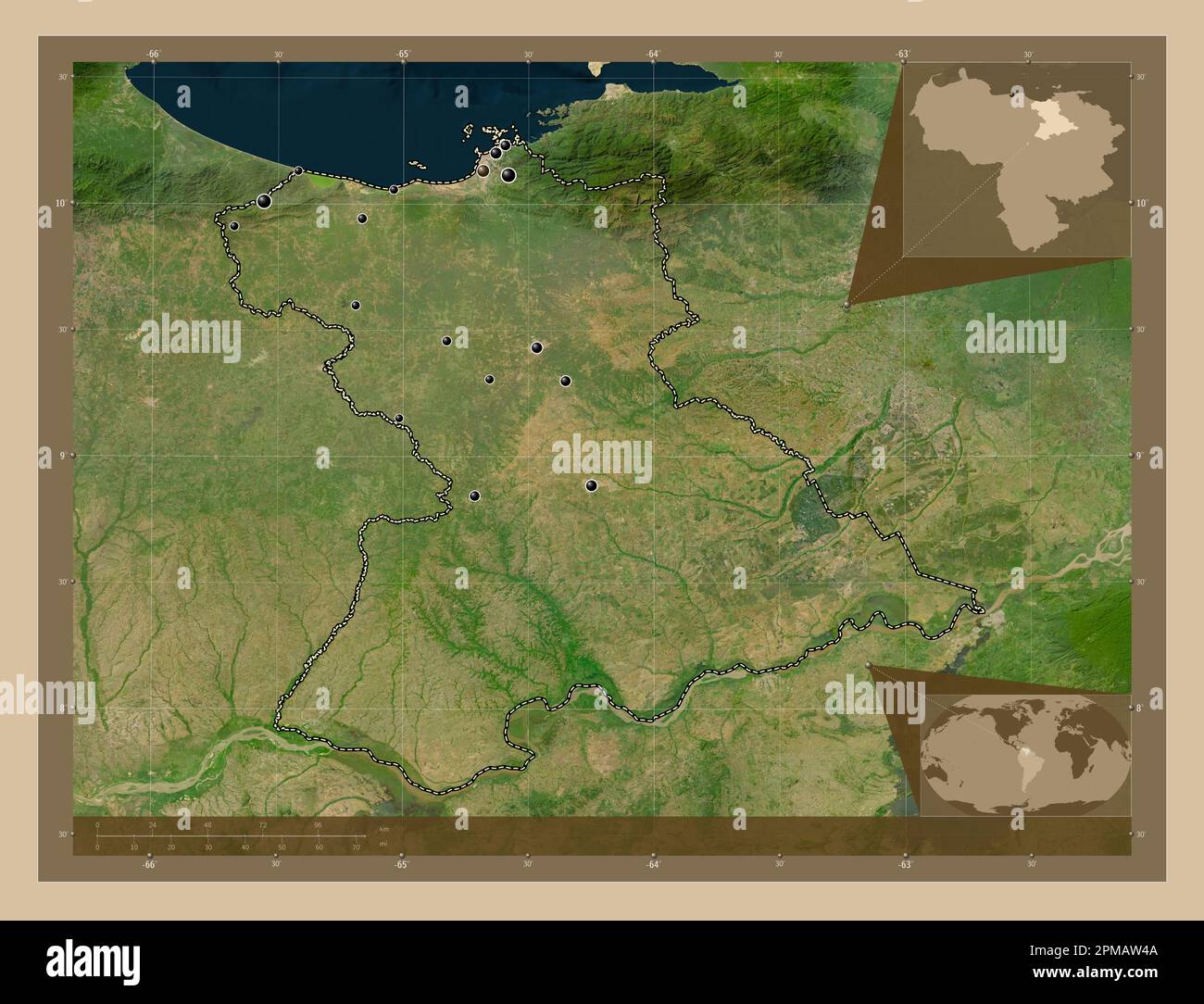 Anzoategui, Staat Venezuela. Satellitenkarte mit niedriger Auflösung. Standorte der wichtigsten Städte der Region. Eckkarten für zusätzliche Standorte Stockfoto