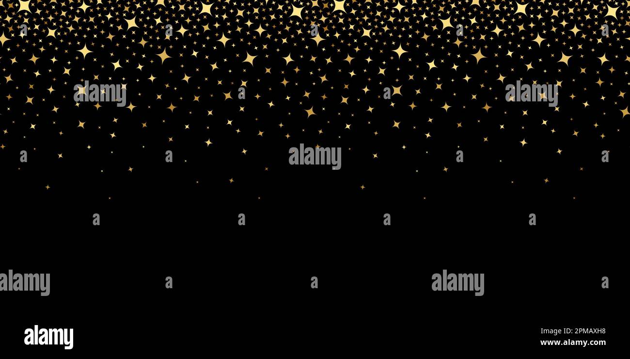 Goldener Stern. Goldene Sternschnuppen. Fallender Stern. Funkelnder Sternenstaub. Goldene Sterne auf schwarzem Hintergrund. Abstrakte Streuung von strahlenden Funken. Zufälliger Glitzer Stock Vektor