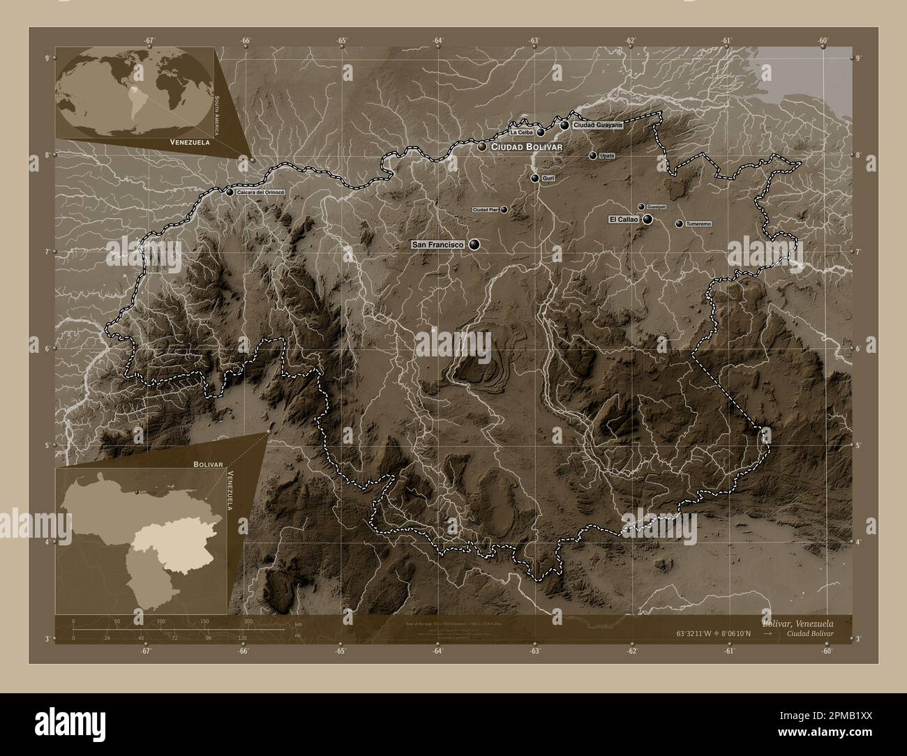 Bolivar, Staat Venezuela. Höhenplan in Sepia-Tönen mit Seen und Flüssen. Standorte und Namen der wichtigsten Städte der Region. Ecke Zusatzgeräte Stockfoto