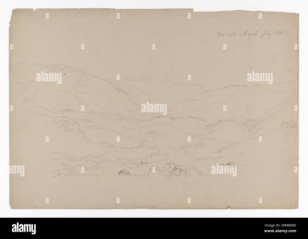 Zeichnung, Tal bei Ibagué, Kolumbien; Frederic Edwin Church (amerikanisch, 1826–1900); Kolumbien; Graphit auf bräunlich grauem Papier; 31,9 x 45,8 cm (12 9/16 x 18 1/16 Zoll) Stockfoto