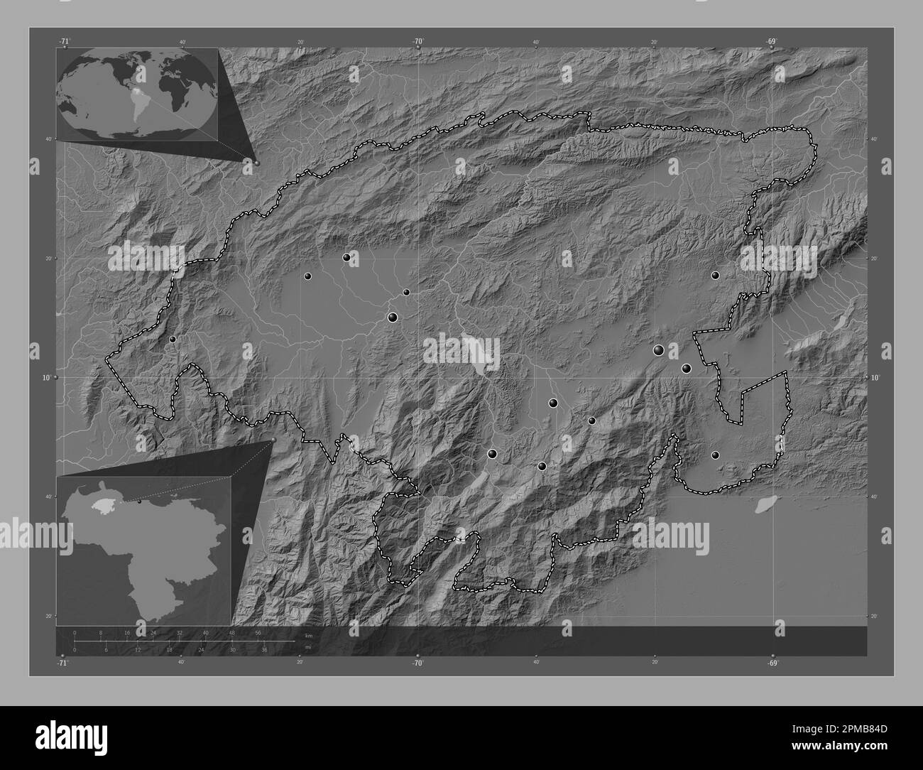 Lara, Staat Venezuela. Bilevel-Höhenkarte mit Seen und Flüssen. Standorte der wichtigsten Städte der Region. Eckkarten für zusätzliche Standorte Stockfoto