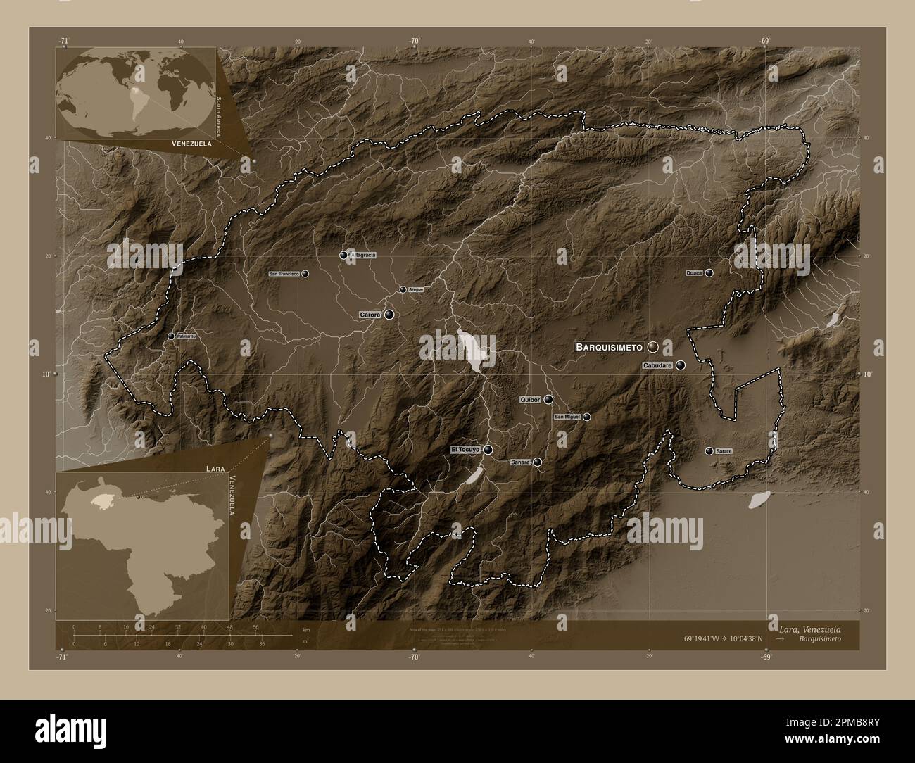 Lara, Staat Venezuela. Höhenplan in Sepia-Tönen mit Seen und Flüssen. Standorte und Namen der wichtigsten Städte der Region. Ecke autokorr Stockfoto