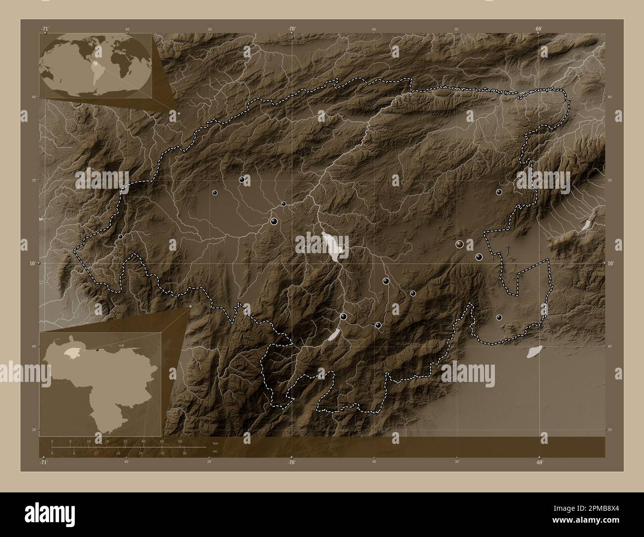 Lara, Staat Venezuela. Höhenplan in Sepia-Tönen mit Seen und Flüssen. Standorte der wichtigsten Städte der Region. Zusätzliche Eckpunkte Stockfoto