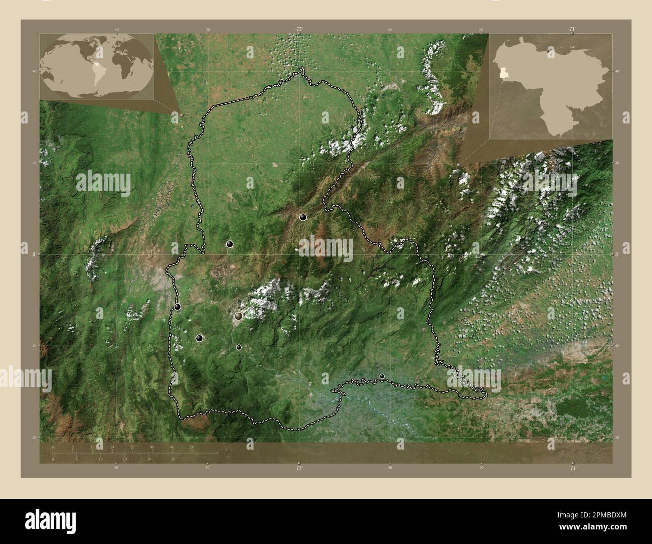 Tachira, Staat Venezuela. Hochauflösende Satellitenkarte. Standorte der wichtigsten Städte der Region. Eckkarten für zusätzliche Standorte Stockfoto