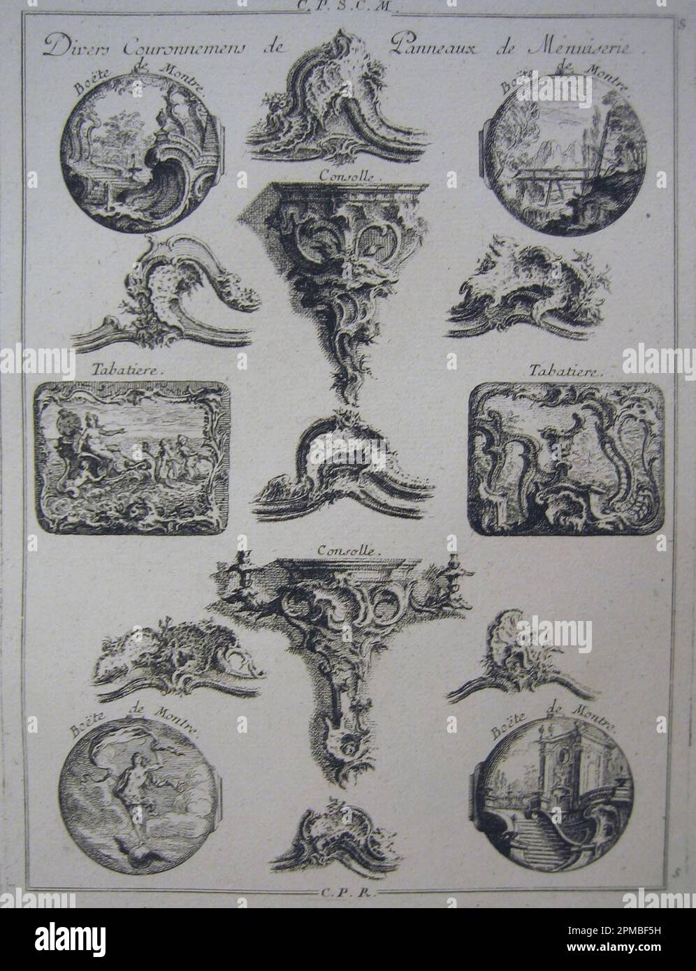 Print, Design for Two Snuffboxes, Three Watchcase Lids und Three Wall Brackets; entwickelt von Francois de Cuvilliés The Elder (Belgien, aktives Deutschland, 1695–1768); Deutschland; Ätzen und Gravieren auf cremefarbenem Laienpapier; Platemark: 24,7 x 18,7 cm (9 3/4 x 7 3/8 Zoll) Blatt: 44 x 28,6 cm (17 5/16 x 11 1/4 Zoll) Stockfoto