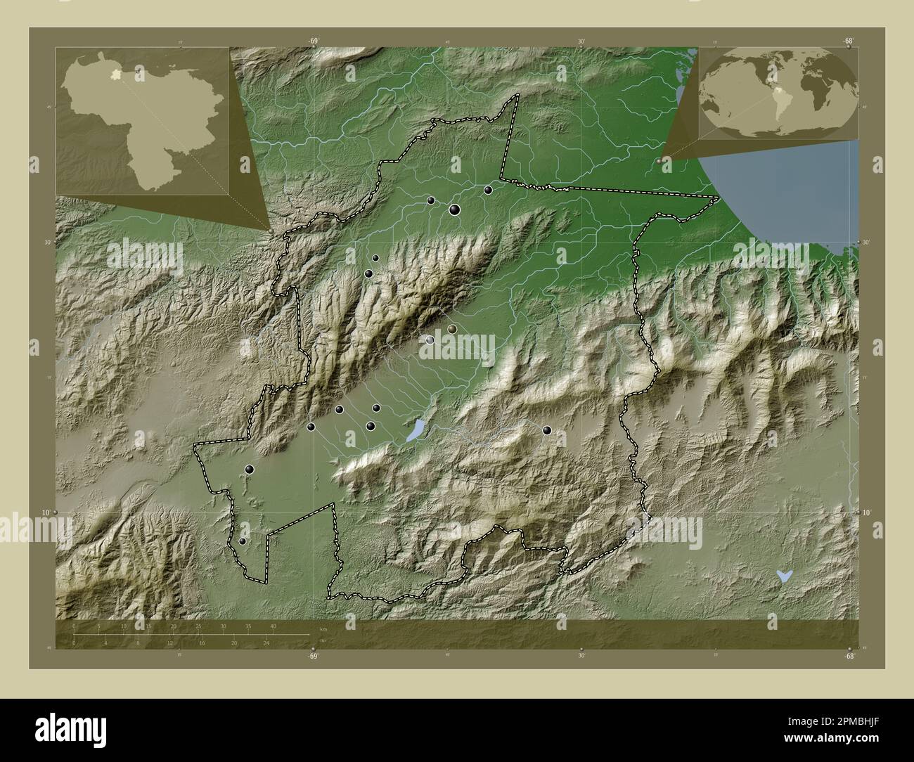 Yaracuy, Staat Venezuela. Höhenkarte im Wiki-Stil mit Seen und Flüssen. Standorte der wichtigsten Städte der Region. Ecke Zusatzanschluss Stockfoto