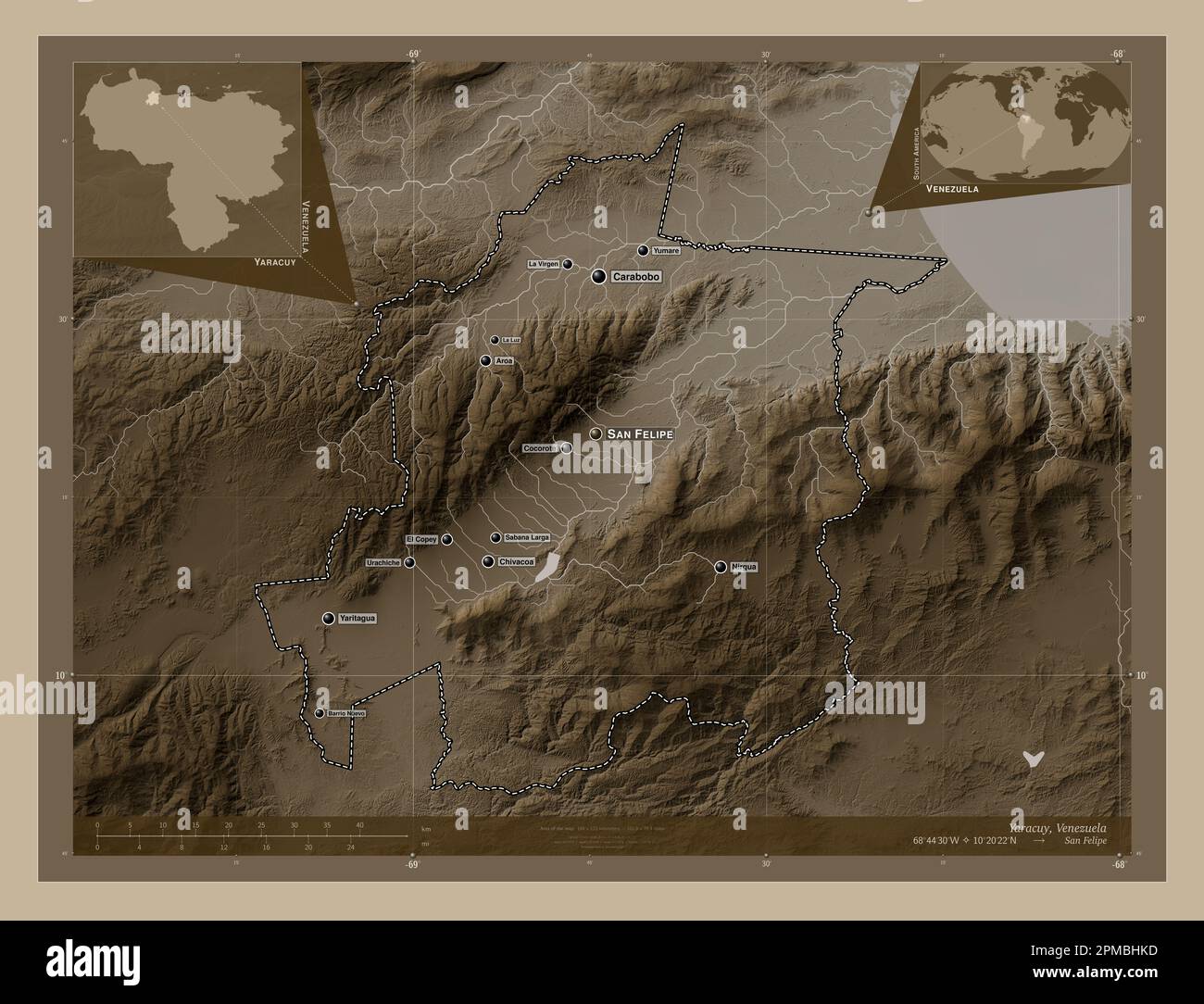 Yaracuy, Staat Venezuela. Höhenplan in Sepia-Tönen mit Seen und Flüssen. Standorte und Namen der wichtigsten Städte der Region. Ecke Zusatzgeräte Stockfoto