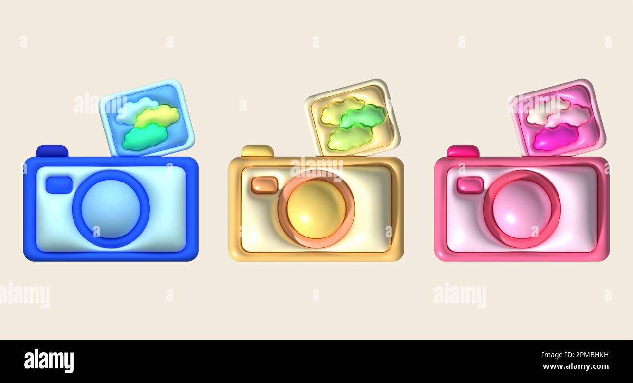 Kamera- und Fotosymbole 3D Abbildung für Designarbeiten. Stockfoto