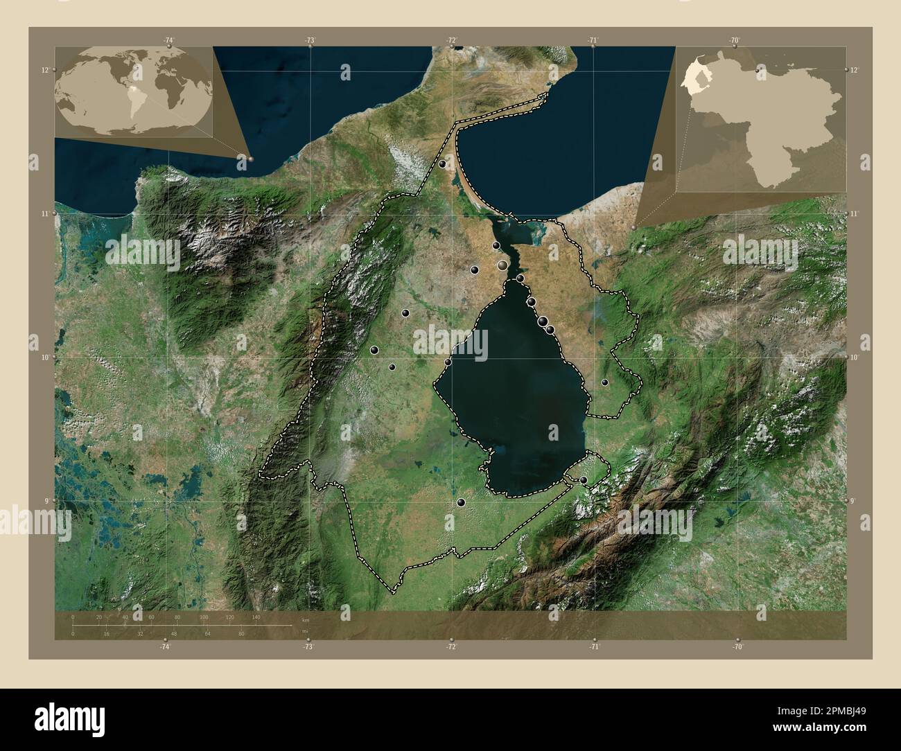 Zulia, Staat Venezuela. Hochauflösende Satellitenkarte. Standorte der wichtigsten Städte der Region. Eckkarten für zusätzliche Standorte Stockfoto