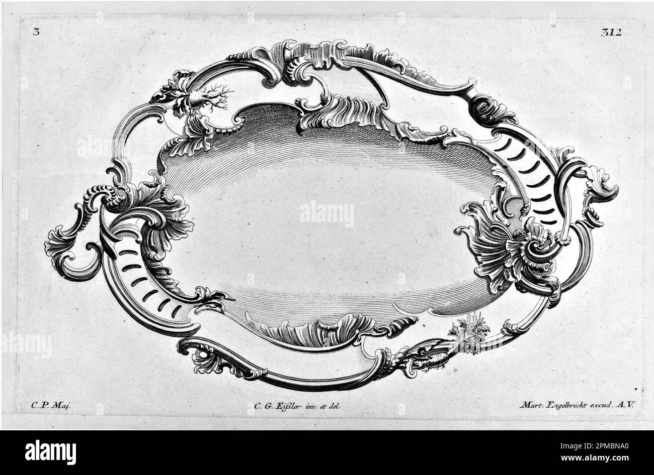 Print, Design for a Silver Platter; Design von Caspar-Gottlieb Eisler; Veröffentlicht von Martin Engelbrecht (Deutsch, 1684–1756); Deutschland; Gravur auf weißem Laienpapier; geöffnet: 12,3 x 38 x 50,7 cm (4 13/16 x 14 15/16 x 19 15/16 Zoll) Stockfoto