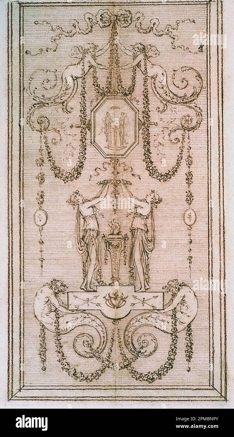 Zeichnung, Design for a Decorative Panel (mit Nymphs und Girlanden); entworfen von Gilles Paul Cauvet (Frankreich, 1731 - 1788); Frankreich; rote Kreide auf Papier; 42,4 x 25,1 cm (16 11/16 x 9 7/8 Zoll) Stockfoto